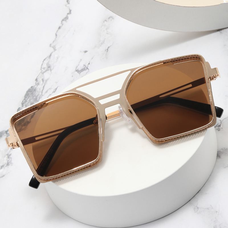 Steam Punk Sunglasses Men's Metal Hollow Square Frame Sunglasses Tide Double Beam Glasses