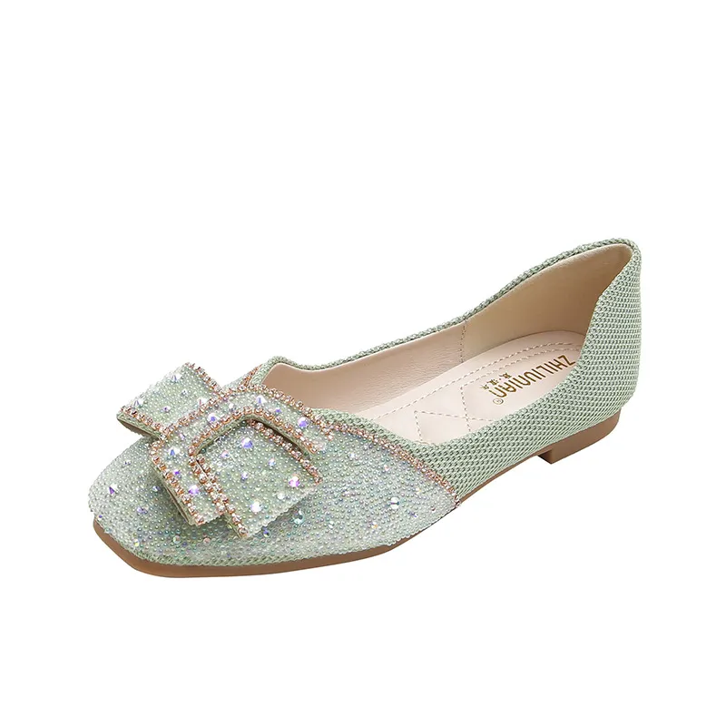 Square Toe Four Seasons Low-cut Rhinestone Pumps Pumps Plus Size Women's Shoes - Green
