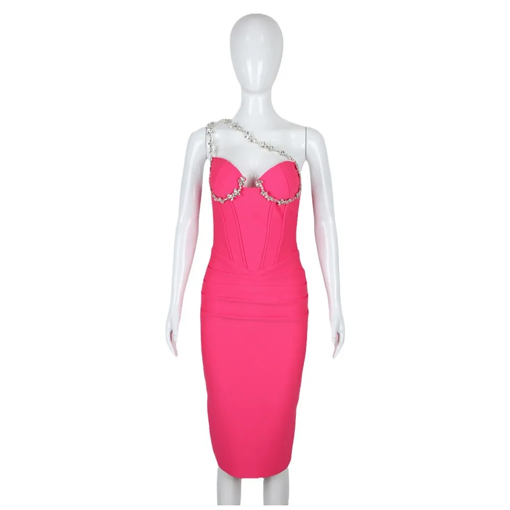 Summer New Oblique Sun-top Bandage Ladies Party Banquet Sleeveless Women's Clothing Dress - Rose Red