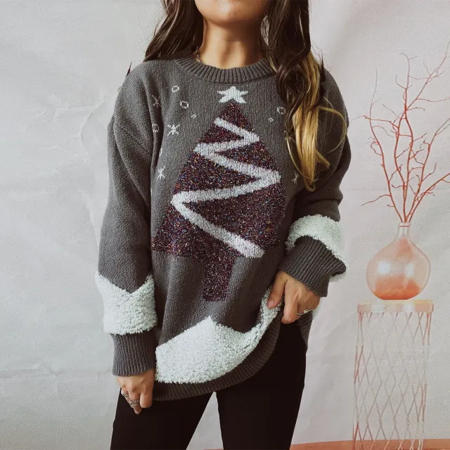 Women's Fashionable Round Neck Long Sleeve Loose Sweater Gray - Shop at LoveMi