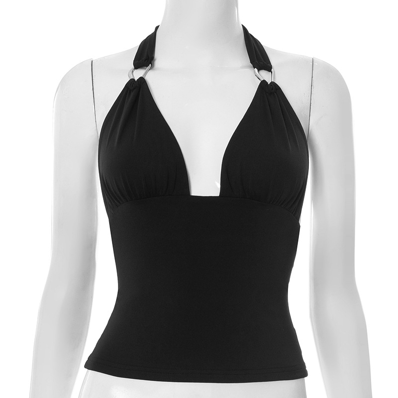 Pure Color Halter Metal Ring V neck Slim Vest Black - Shop at LoveMi