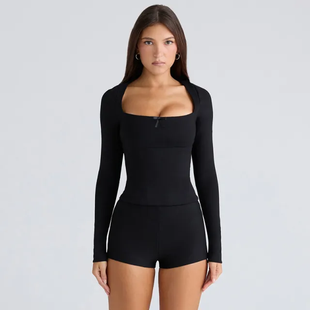 New Square Collar Bow Long Sleeve Top Tight Shorts Suit Women Black - Shop at LoveMi