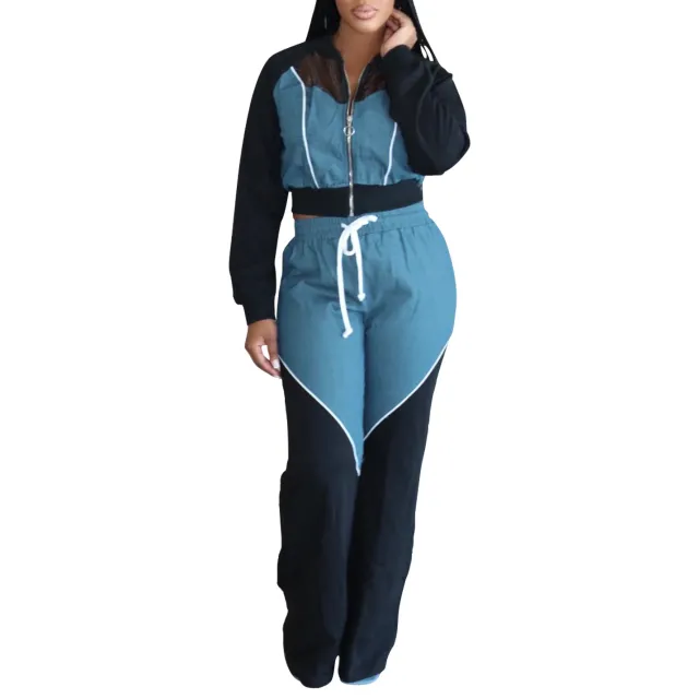 European And American Women's Clothing Denim Stitching Sports Sweater Suit Blue - Shop at LoveMi