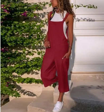 Cotton And Linen Casual Loose Long Wide Leg Jumpsuit - Wine
