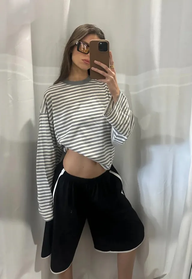 Color blocked Lazy Round neck Cotton Long sleeve Striped T shirt Gray - Shop at LoveMi