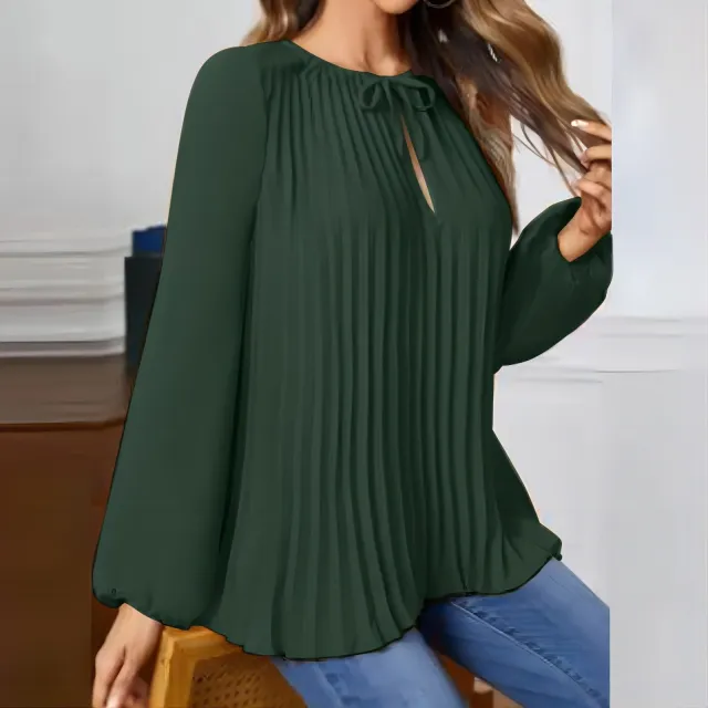 Women's Lantern Sleeve Shirt Bow Tie Dark Green - Shop at LoveMi