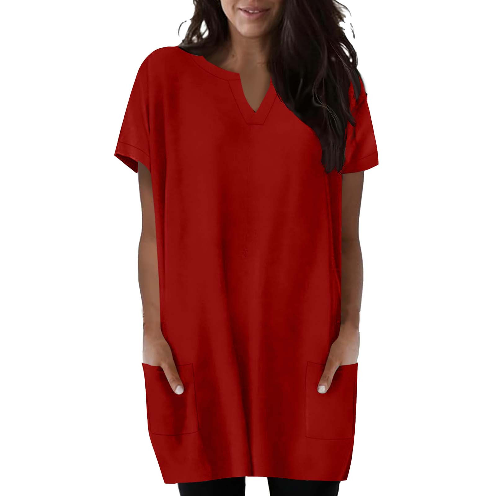 European And American Style V-neck Short-sleeve Loose-fit Solid-color With Pockets
