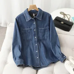 Denim Shirt Women Washed Loose And Warm - Dark Blue Double Pockets - View 1