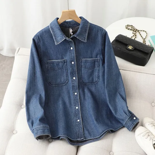 Denim Shirt Women Washed Loose And Warm Blue - Shop at LoveMi