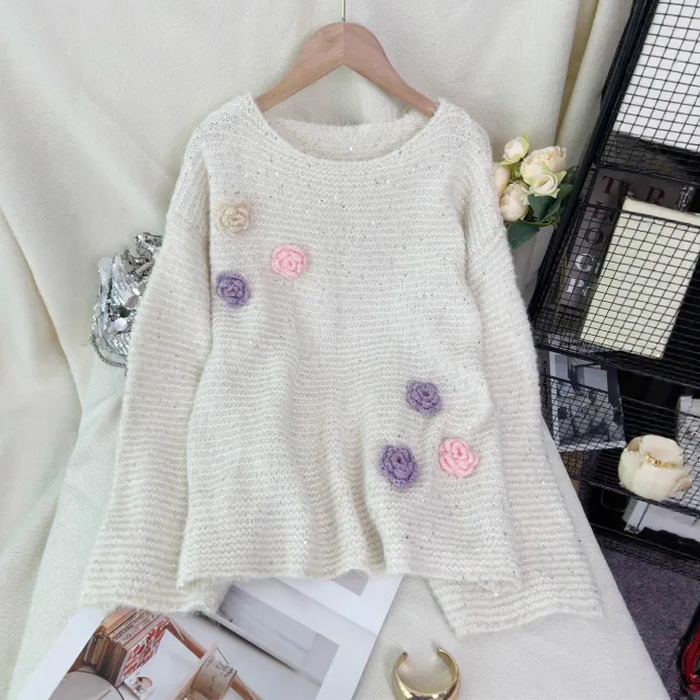 Sequined Knitted Pullover Round Neck Stitching Flower Fashion Sweater White - Shop at LoveMi