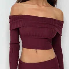 Boat Neck Long Sleeve Knitted Sweater Off-shoulder Crop Short Top SFor Womens Clothing - Deep Red - View 1