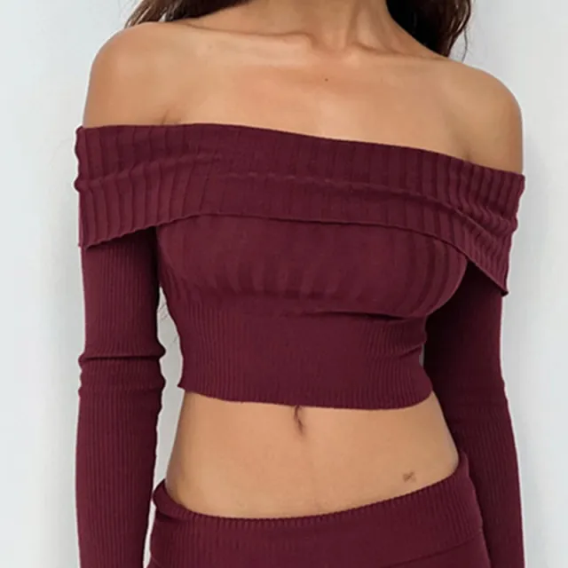Boat Neck Long Sleeve Knitted Sweater Off shoulder Crop Short Top SFor Womens Clothing Deep Red - Shop at LoveMi