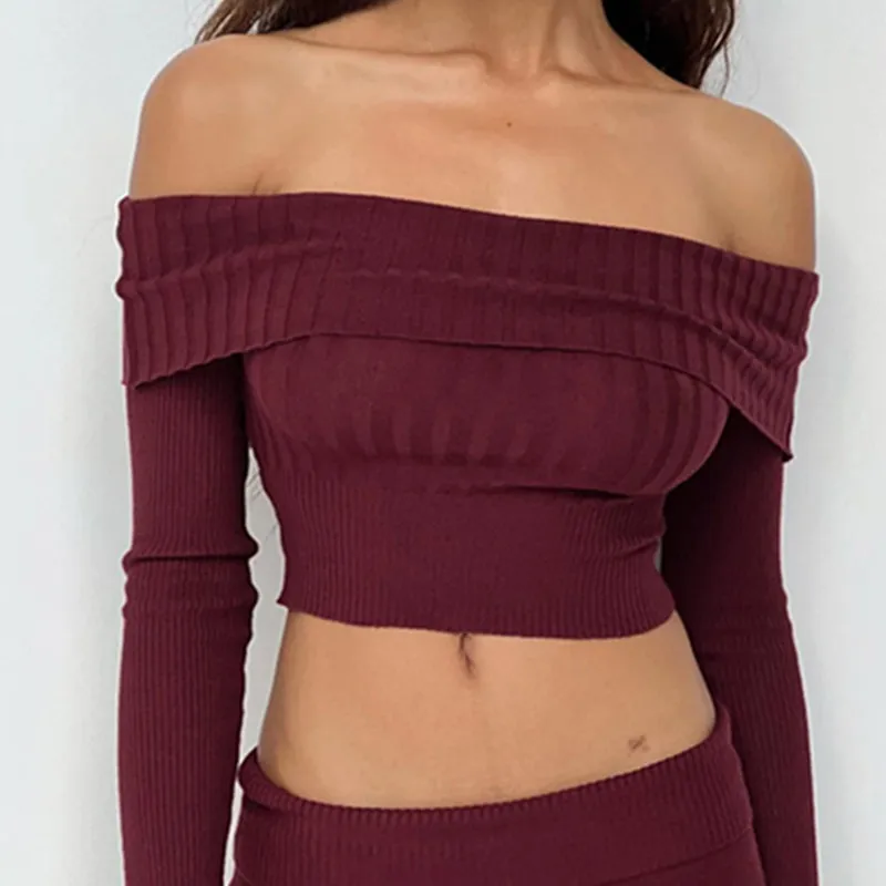 Boat Neck Long Sleeve Knitted Sweater Off-shoulder Crop Short Top SFor Womens Clothing - Deep Red