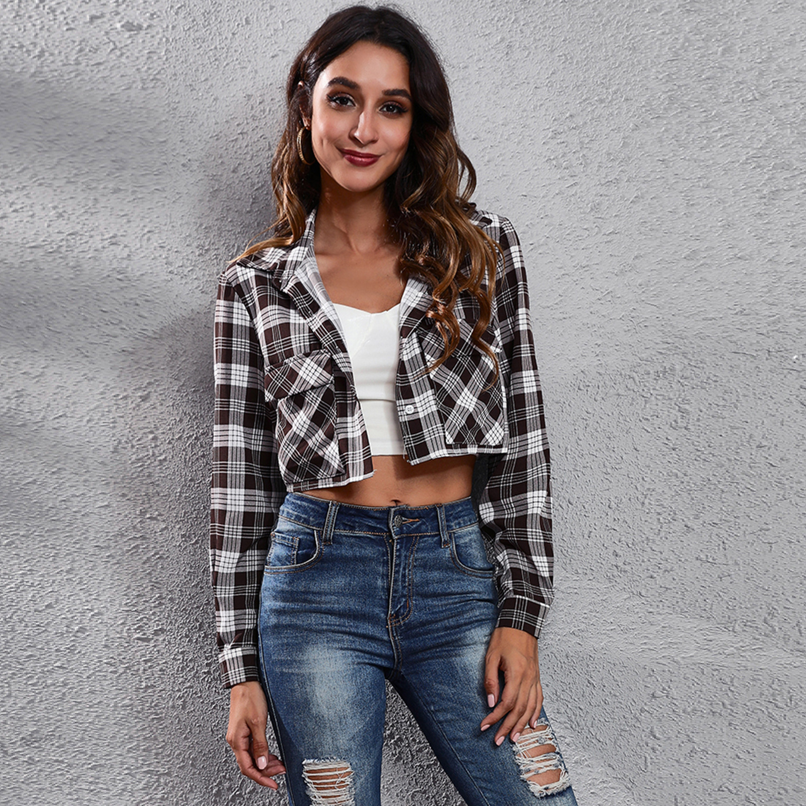 Plaid Zebra Print Pocket Long Sleeve Shirt Cropped Top Cardigan Thin Outerwear