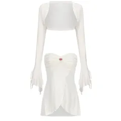 Wrapped Chest Long Sleeve Shawl Pleated Lotus Leaf Skirt - White Top - View 1