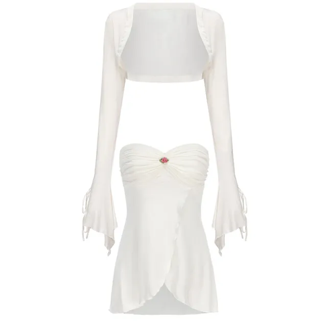 Wrapped Chest Long Sleeve Shawl Pleated Lotus Leaf Skirt White Top - Shop at LoveMi