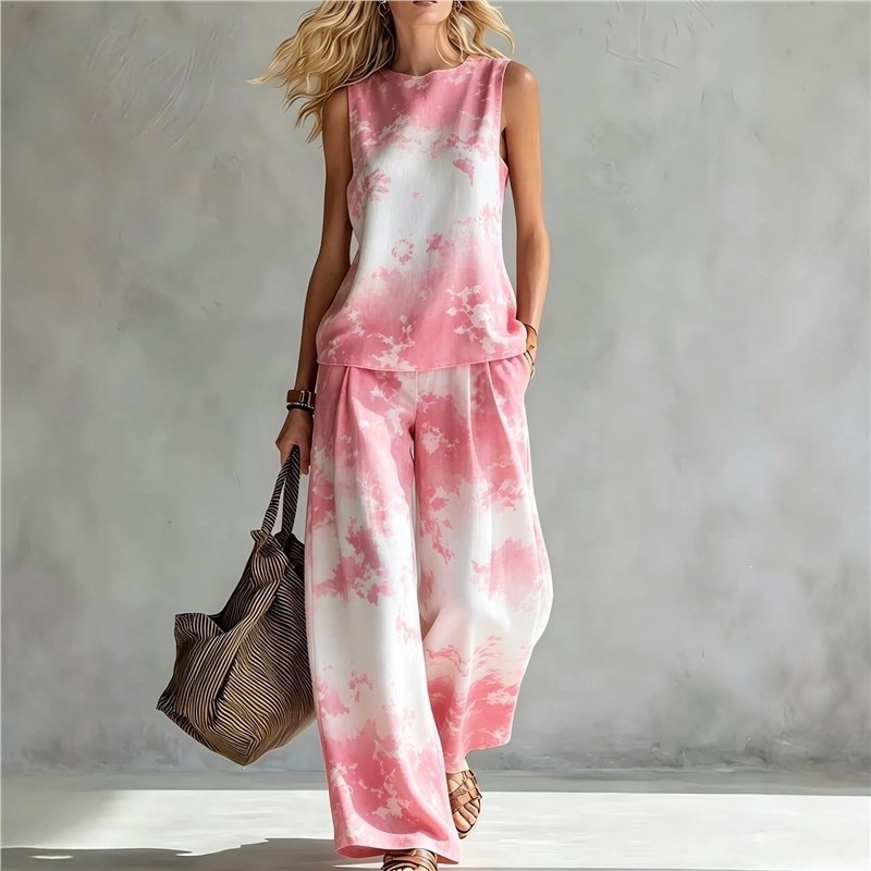 New-style Rainbow Tie-dye Sleeveless Crew-neck Top And Wide-leg Pants Womens Casual Two-piece Set 8