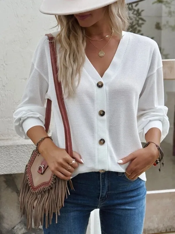 Solid Color Buttons V neck Loose Long sleeved T shirt White - Shop at LoveMi