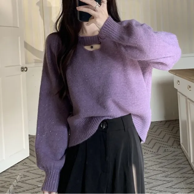 Women's Fashion Solid Color Retro Knitted Sweater Purple - Shop at LoveMi