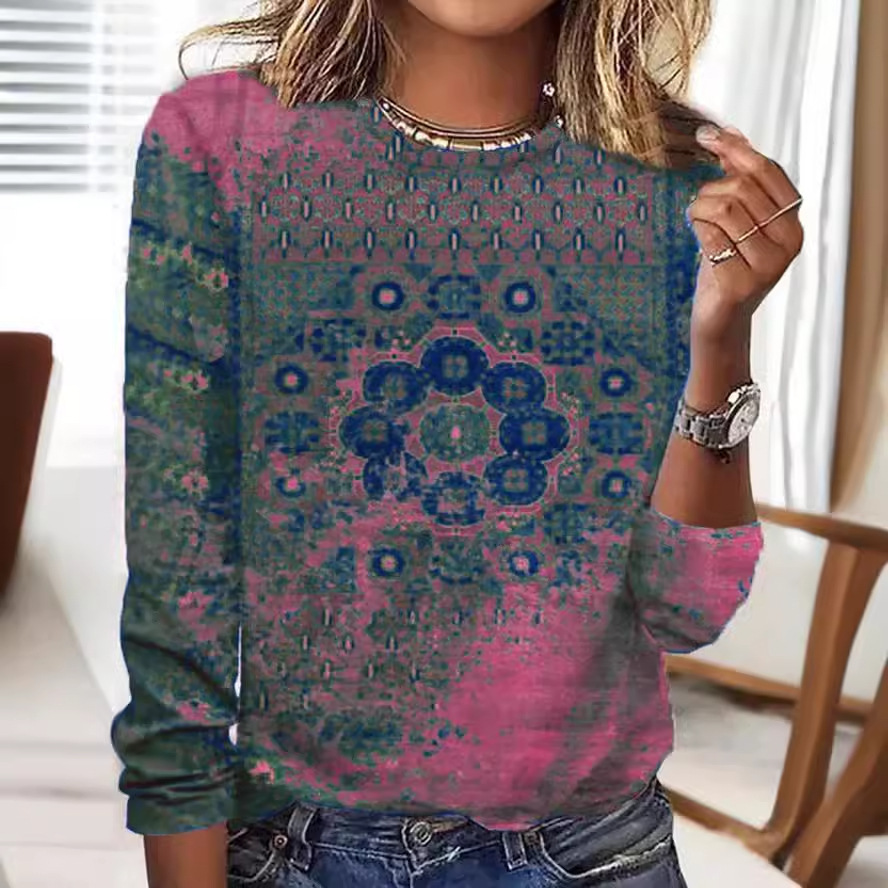 Loose-fit Retro Printed Casual Crewneck Pullover Long-sleeve T-shirt