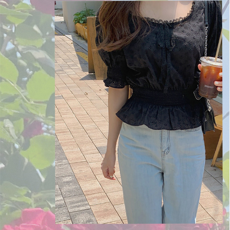 Lace Flounce Trim Lace Up Crochet Puff Sleeve Shirt Top For Women
