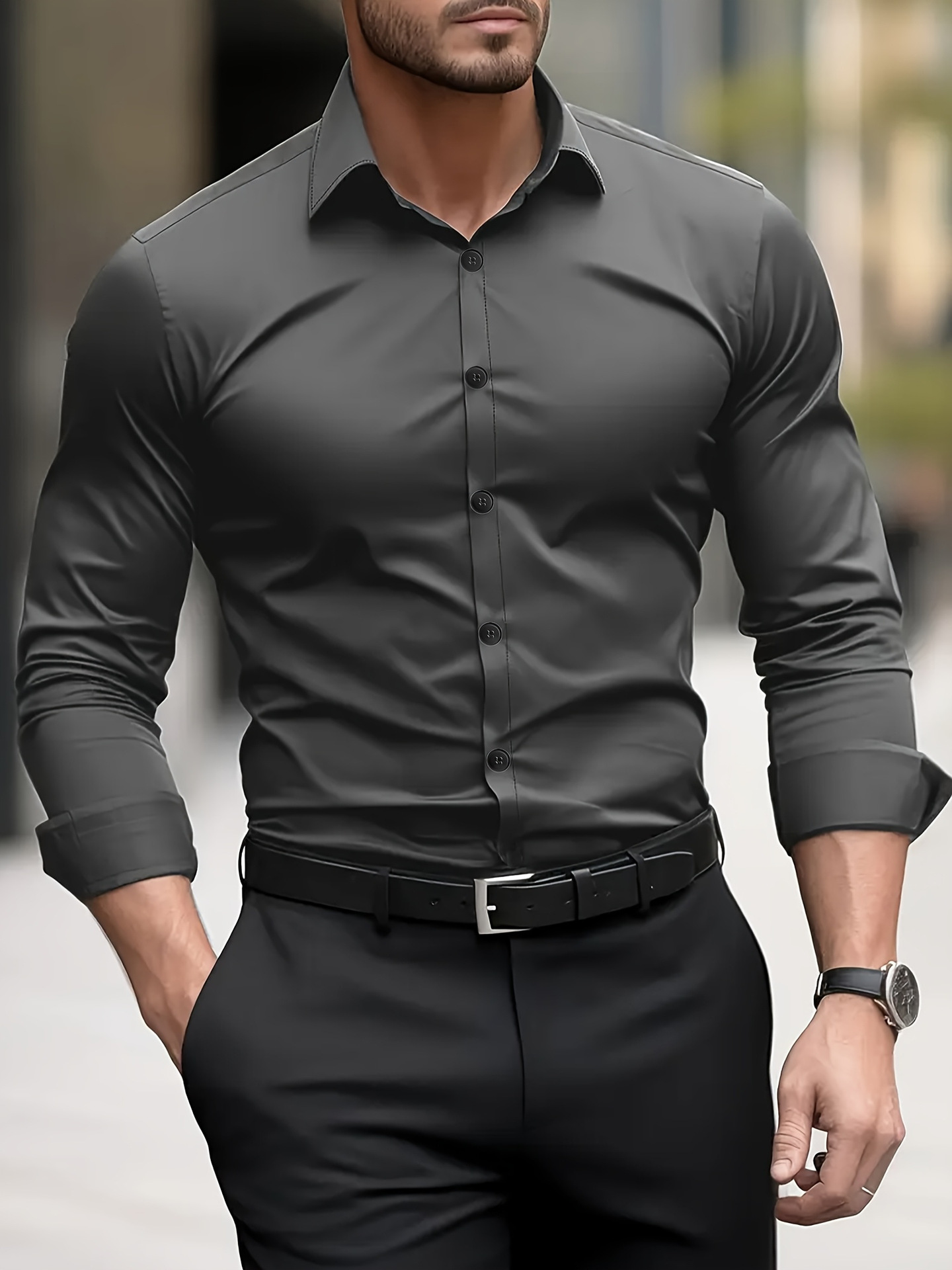 Polyester Semi-Sheer Dress Shirt Dark Gray Semi-Sheer