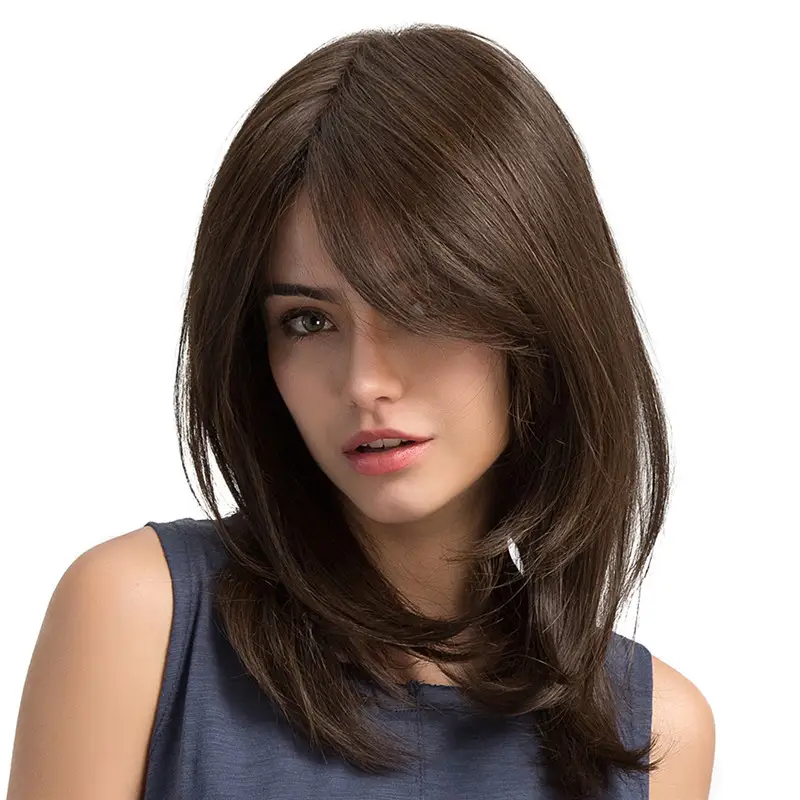 Long Straight Wig with Side Bangs for Women