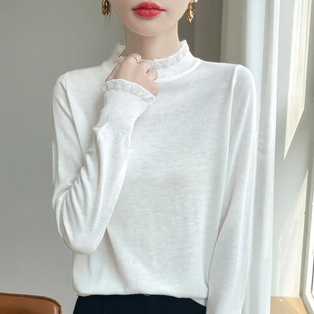 Solid Color Stringy Selvedge Loose Bottoming Shirt Top Half High Collar White - Shop at LoveMi