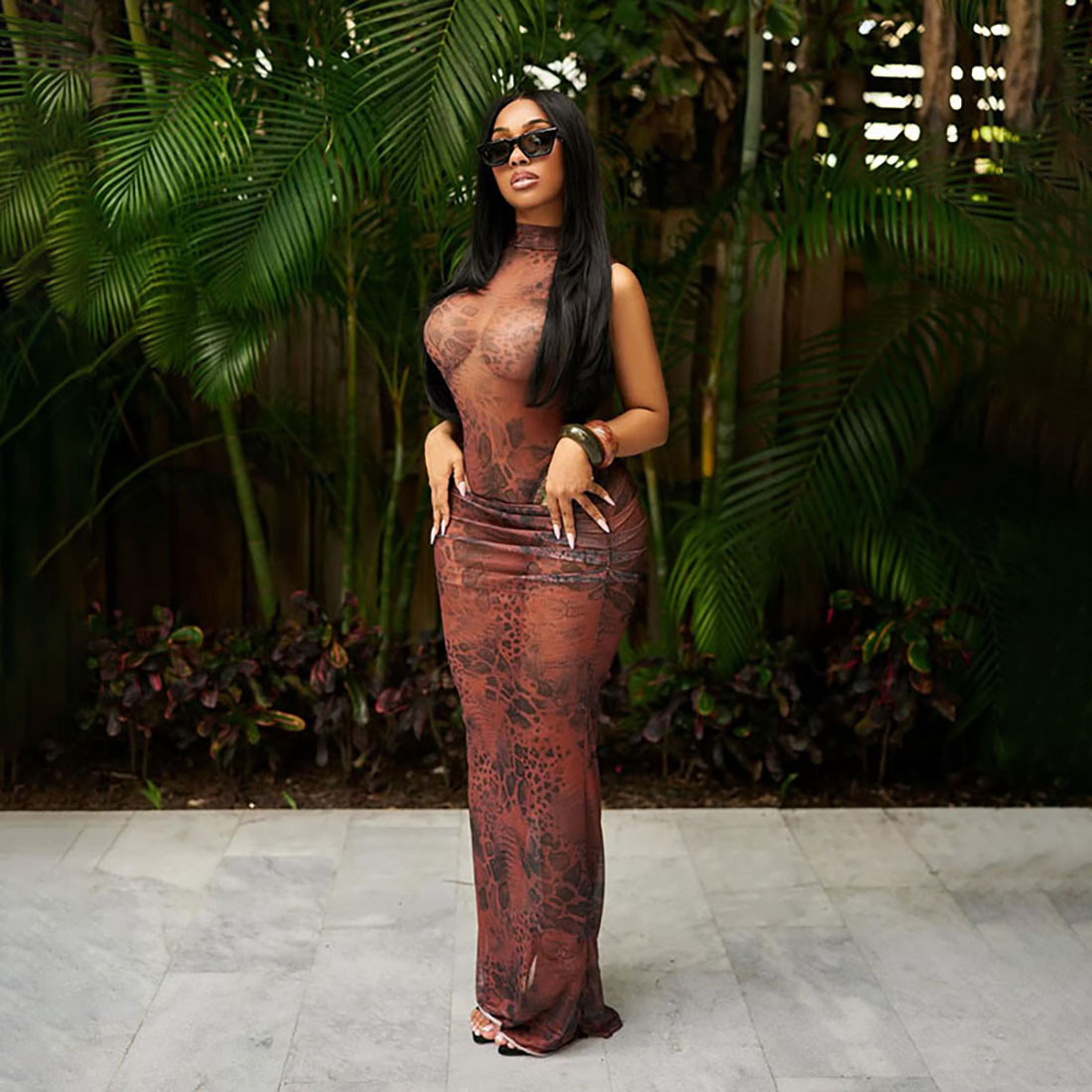 Fashion Women's Mesh Animal Print Long Dress Suit