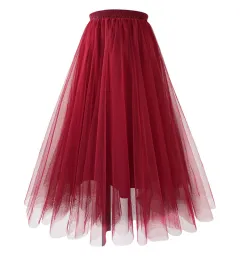 Mesh Skirt Mid-length Pleated Skirt Plus Size Super Large Swing Skirt A- Line Skirt - Wine Red - View 1