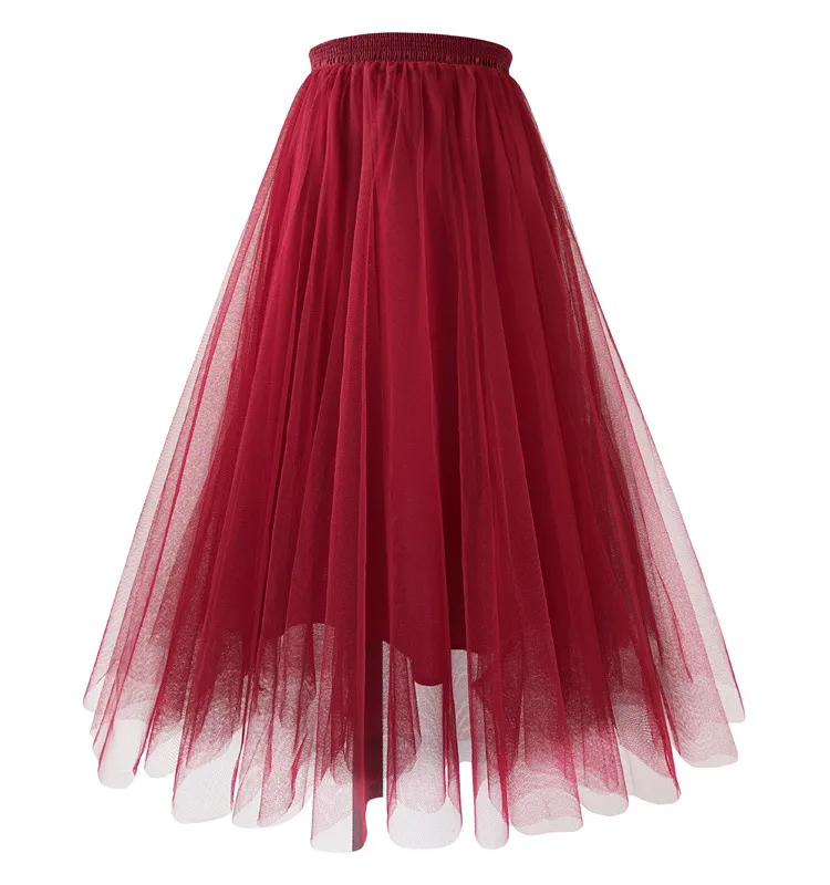 Mesh Skirt Mid-length Pleated Skirt Plus Size Super Large Swing Skirt A- Line Skirt - Wine Red