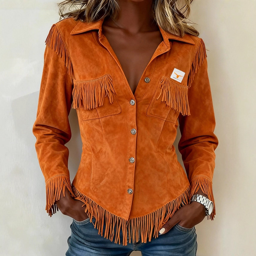 Brown European And American-style Suede-velvet Cardigan With Tassels And Long Sleeves