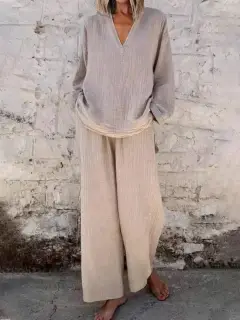 Women's Solid Colour Casual V-neck Pullover Long Sleeve Trousers Suit - Khaki - View 1