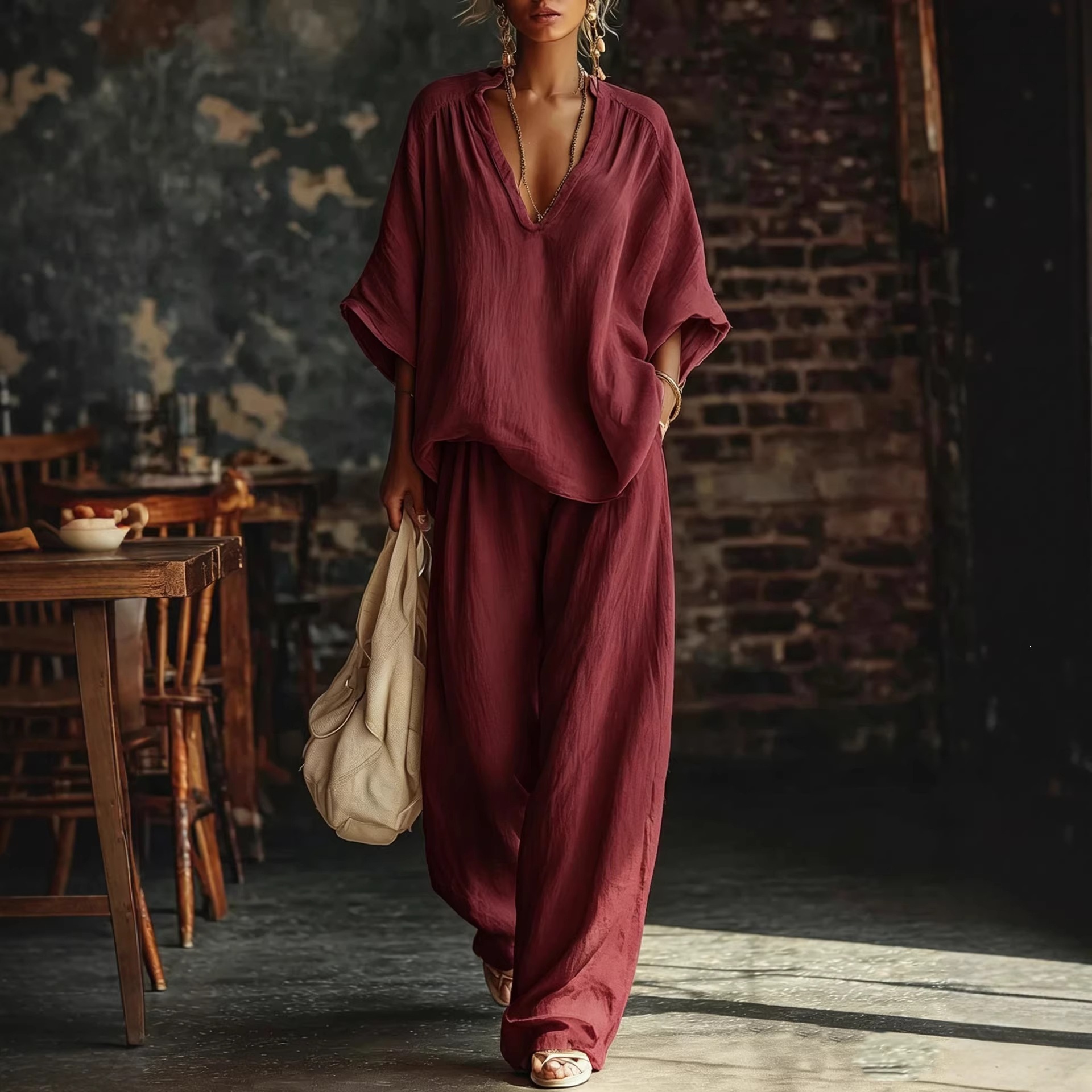 V-Neck Loose Short-Sleeve Top & Pants Set in Wine Red – bold casual matching set