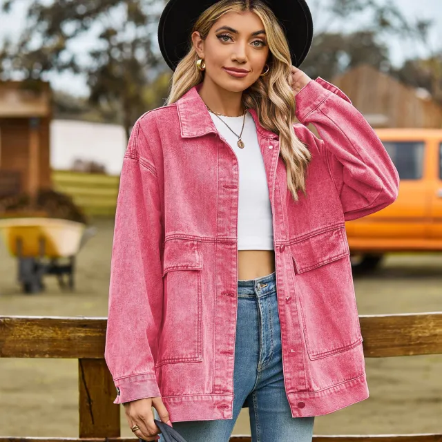 Retro Classic Loose Denim Casual Coat Top Women Add Pink - Shop at LoveMi