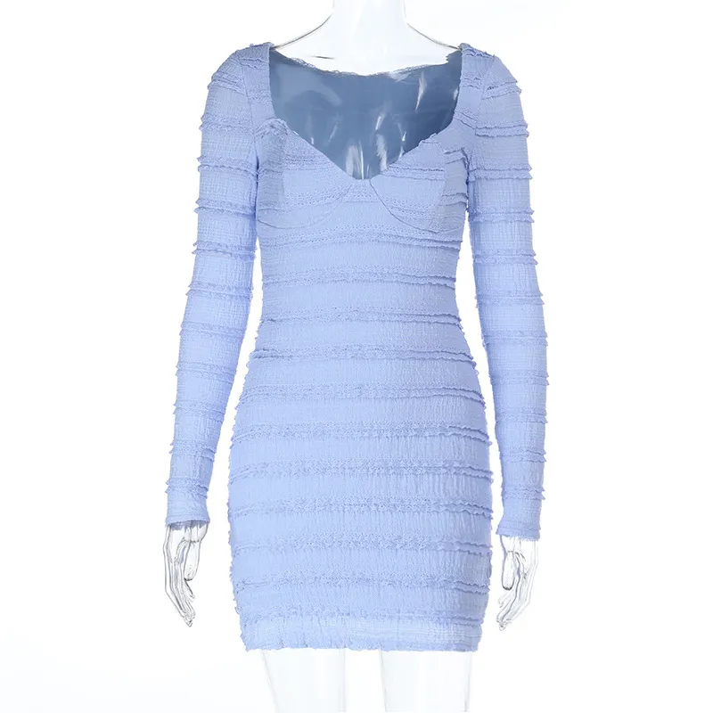 Retro Gentle Elegant V-neck Textured Diamond Collar Long Sleeve Dress - Blue