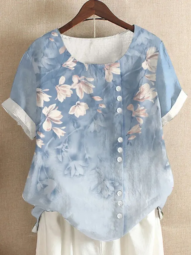 Retro Cotton And Linen Printed Loose Casual Shirt Short sleeved T shirt For Women Flower 1 3Xl - Shop at LoveMi