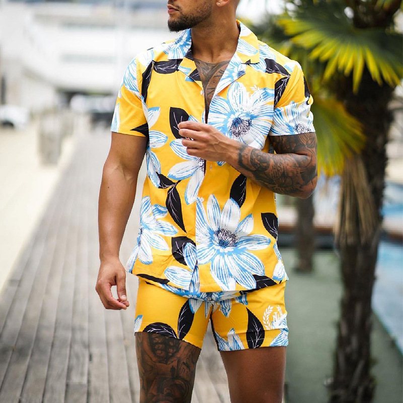 Men's Loose Beach Pants Printed Shirt Shorts Fashion Suit Two-piece Set