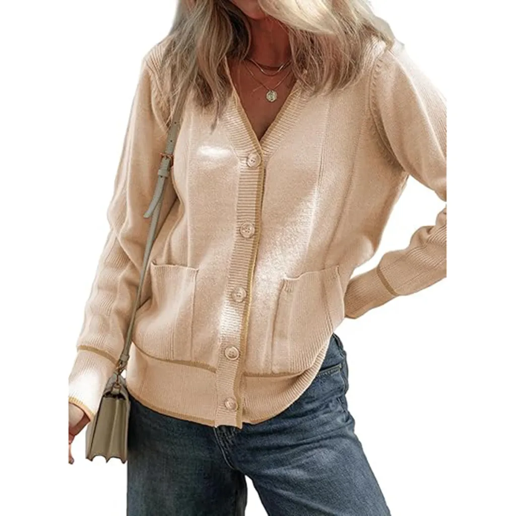 Women's Knitted Button Coat Color Matching Sweater - Beige