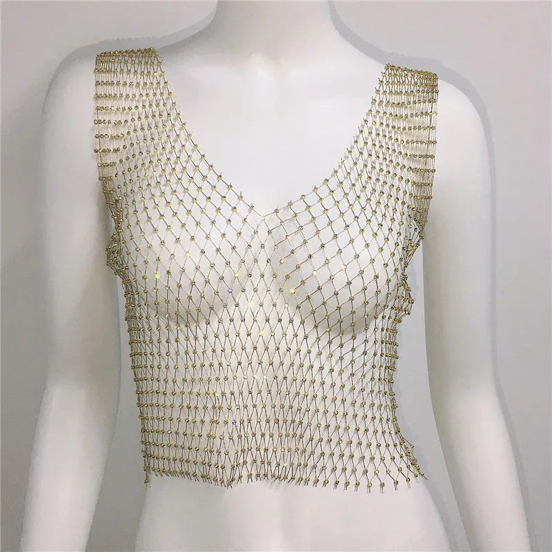 Short Round Neck Fishnet Rhinestone Sleeveless Bottoming Shirt Blouse For Women - Gold V Neck