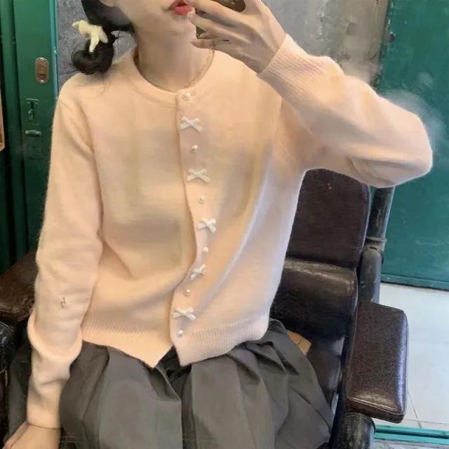 Women's Solid Color Spring And Autumn Bow Pearl Button Sweater Pink - Shop at LoveMi