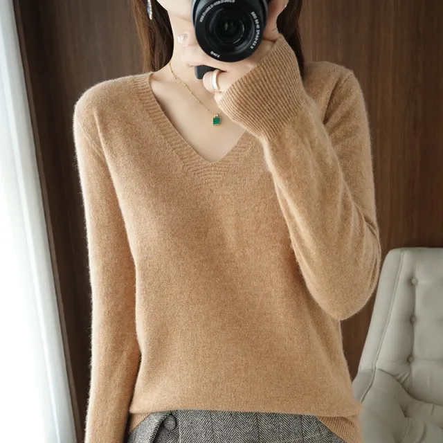 Women's Short Slim Fit Pullover Solid Color Sweater Camel - Shop at LoveMi
