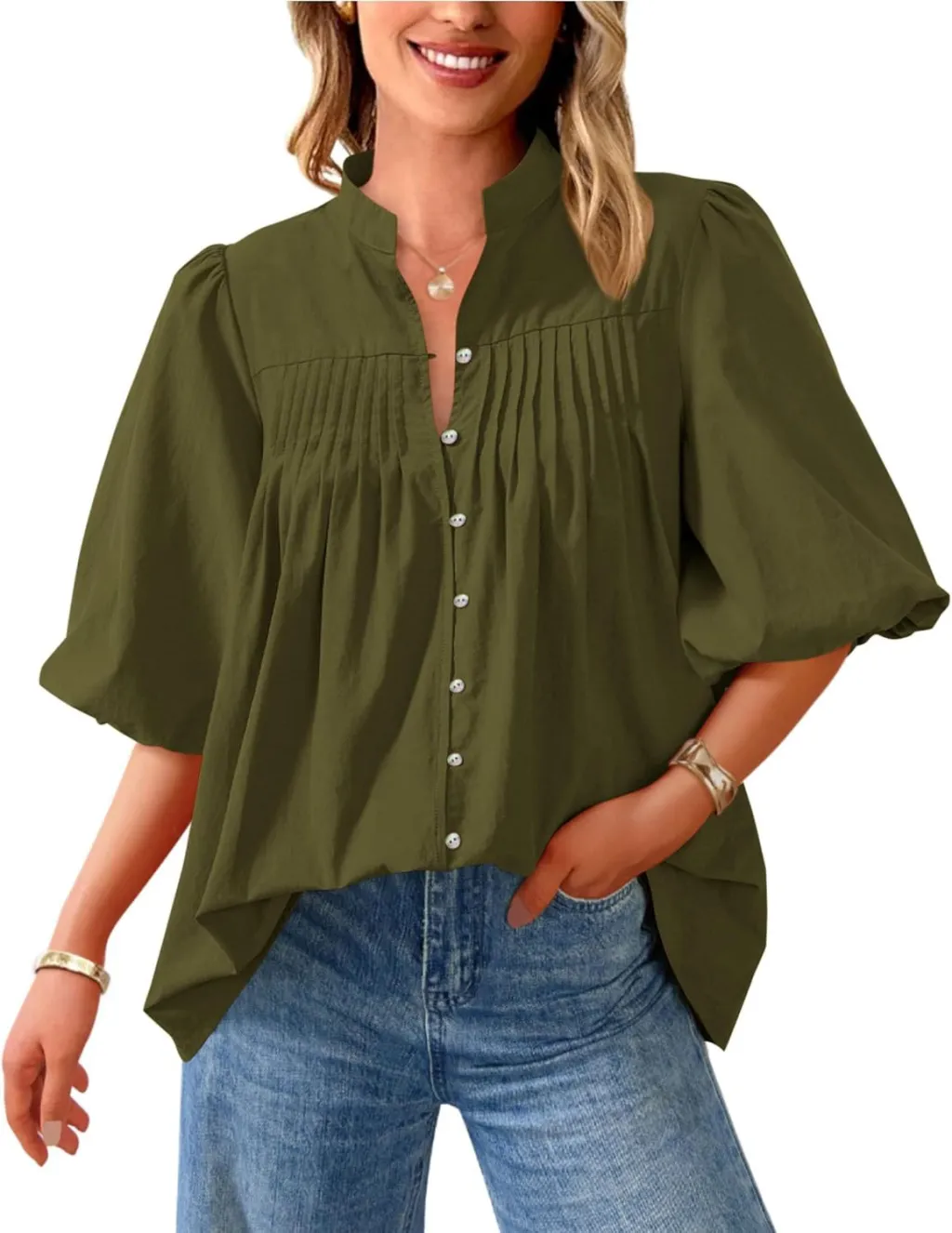 Loose Style Button Shirt Casual Pleated V-neck Shirt - Olive