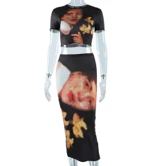 Women's Round-neck Top And Midi Skirt Two-piece Set - Brown - View 1