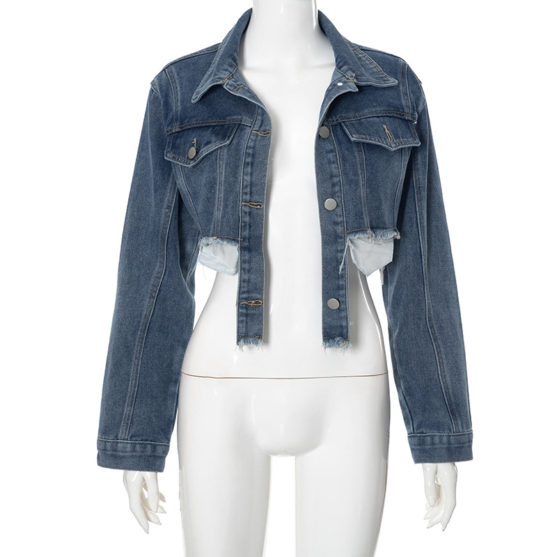 Women's Denim Polo Collar Short Top Coat Blue - Shop at LoveMi