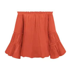 Pure Colour Slub Cotton Women Flare Sleeve Spring-summer Top - Orange Red - View 1