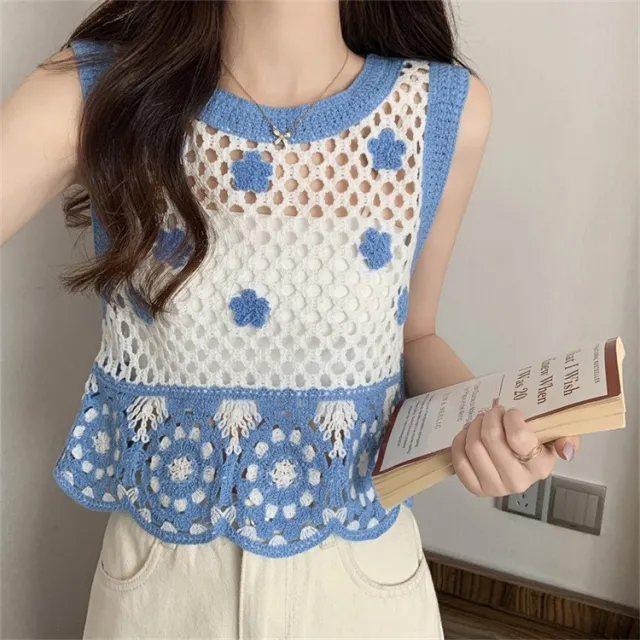 Hollow Knitted Short Inner Knitted Embroidery Sexy Small Sling Vest Blue Vest 418 - Shop at LoveMi