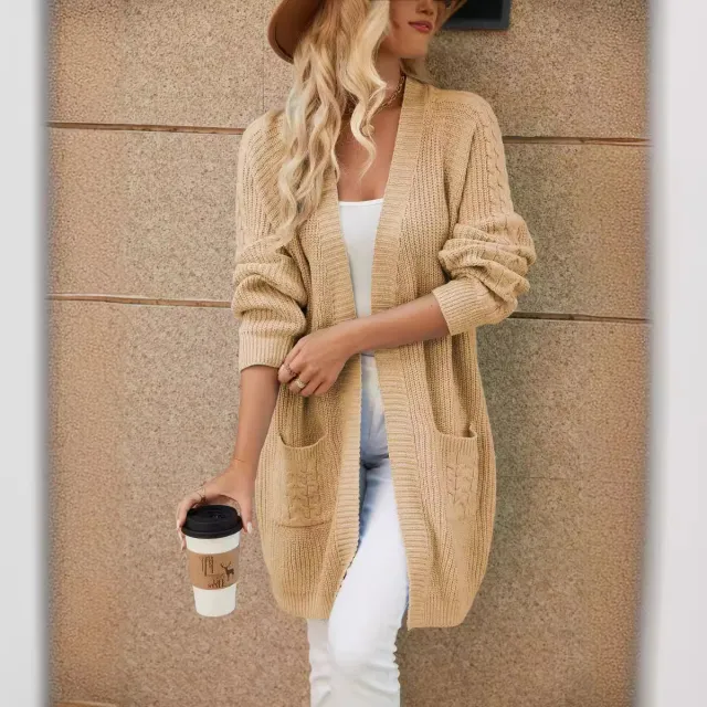 Long Knitted Cardigan Women's Loose Stitching Khaki - Shop at LoveMi