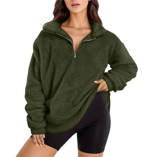 Velvet Fleece lined Women's Casual Stand Collar Sweater Army Green - Shop at LoveMi