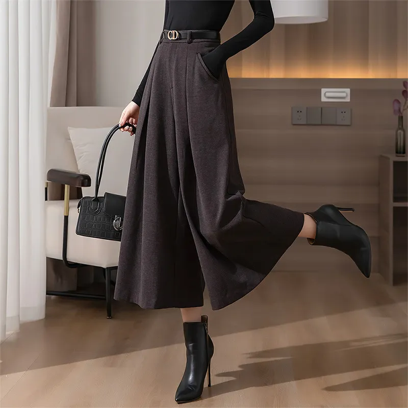 Woolen Wide-leg Cropped Pants Autumn And Winter New High Waist - Gray